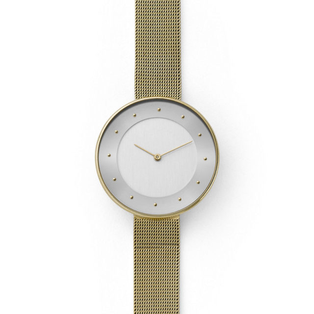 all gold steel mesh strap white dial lugless watch