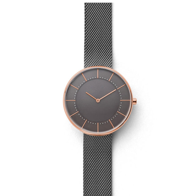 rose gold case silver mesh strap lugless watch