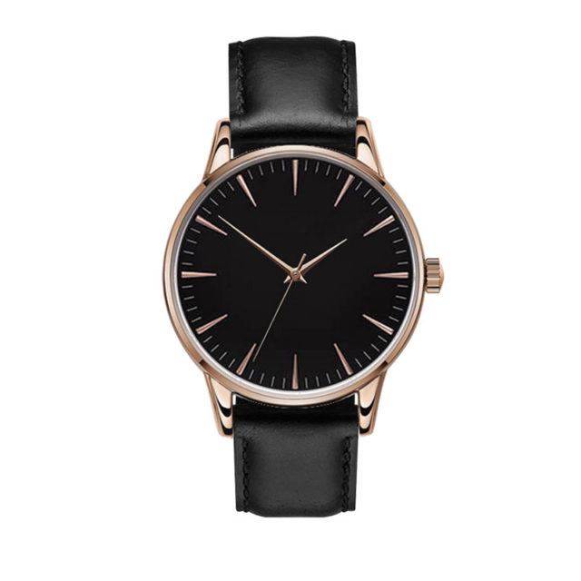 rose gold case black leahter strap black dial watch
