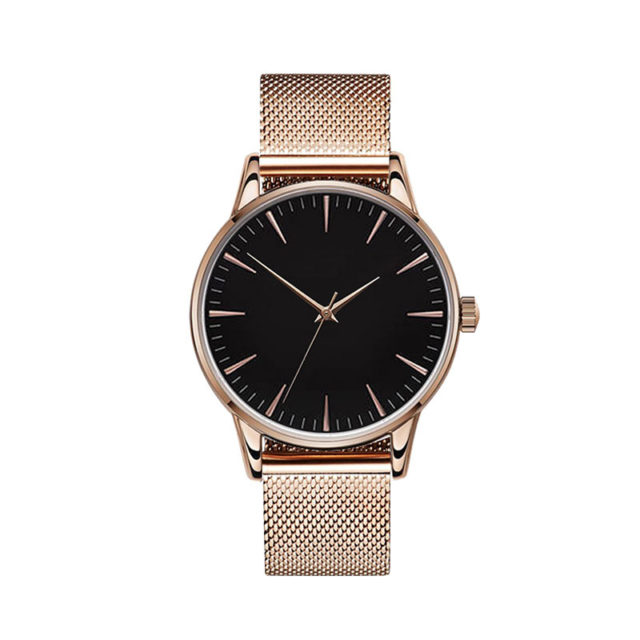 all rose gold steel mesh strap black dial