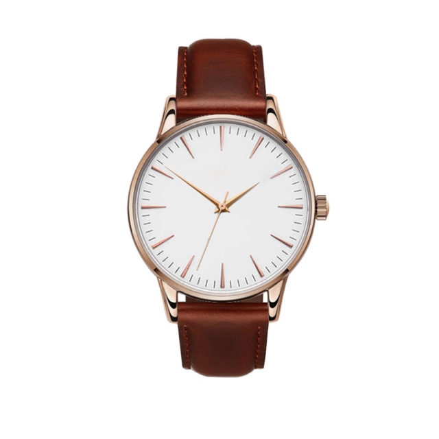 rose gold case brown leather strap white dial classic watch