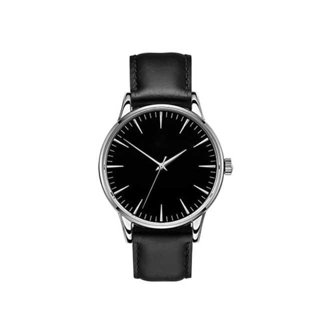 silver case black leather strap black dial classic watch