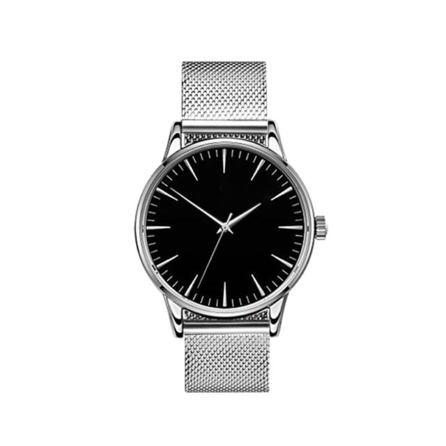 all silver steel mesh strap black dial classic watch