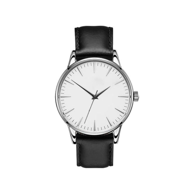 silver case black leahter strap white dial classic watch