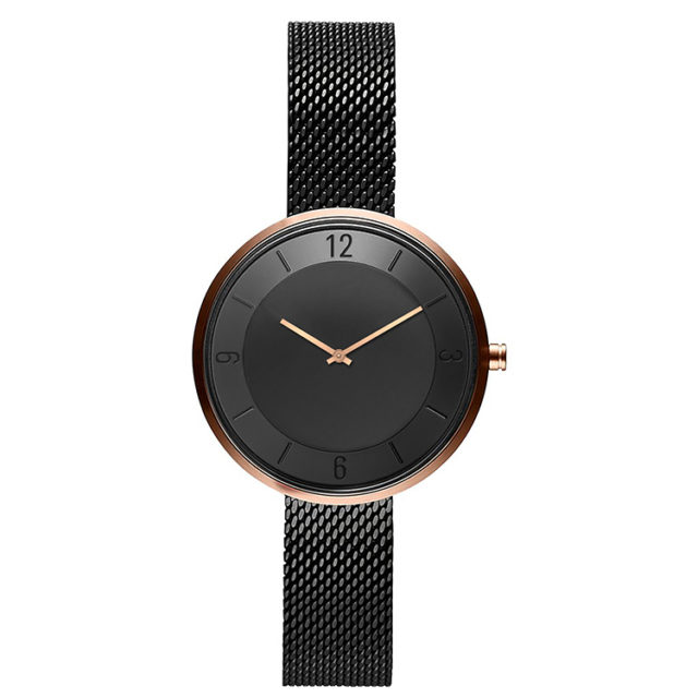 rose gold case black steel mesh strap black watch