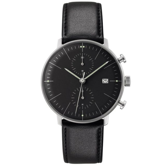 silver case black leather strap chronograph big face watch