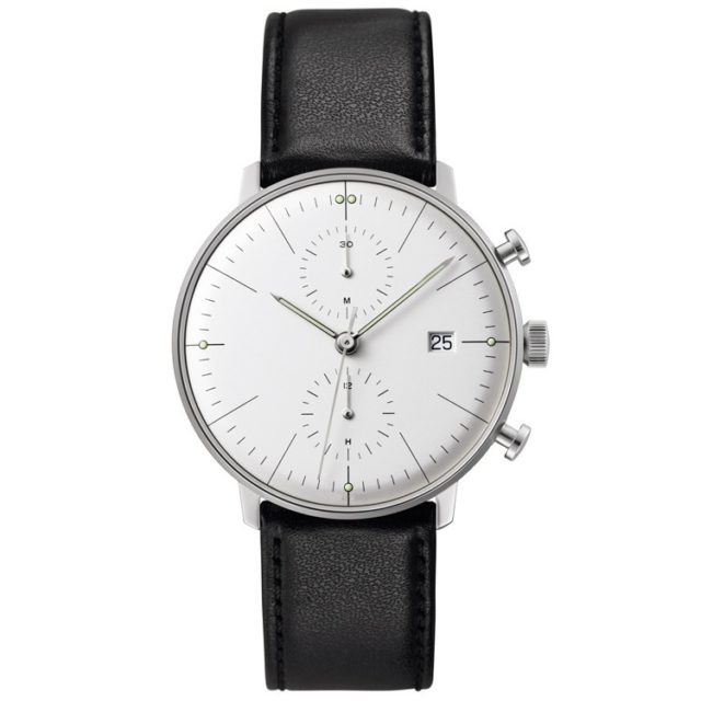 silver case black leather strap chronograph mens watch