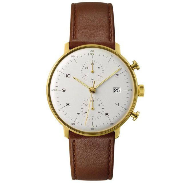 gold case brown leather strap chronograph big face watch