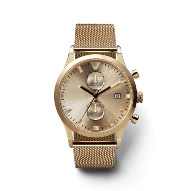 all gold steel mesh strap chronograph watch