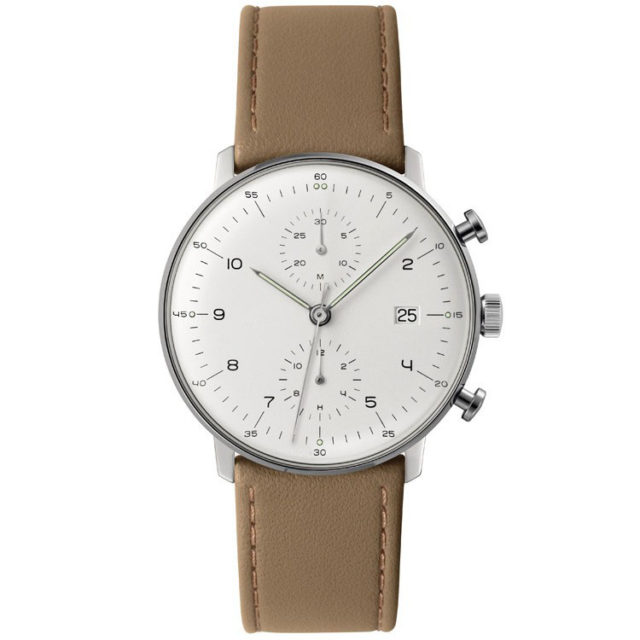 silver case yellow leather strap chronograph big face watch