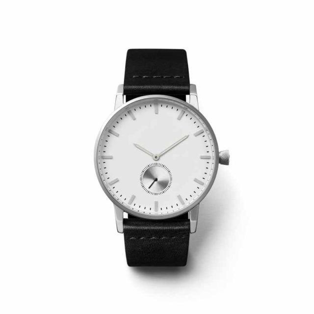 silver case black leather strap classic men's watch