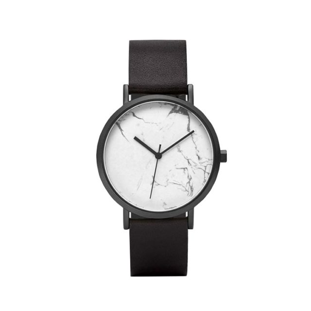 black case black leahter strap white marble watch