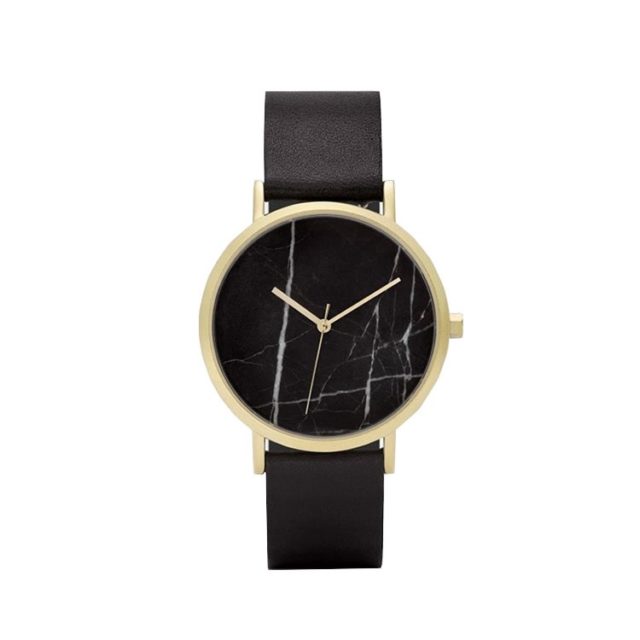 gold case black leahter strap black marble watch