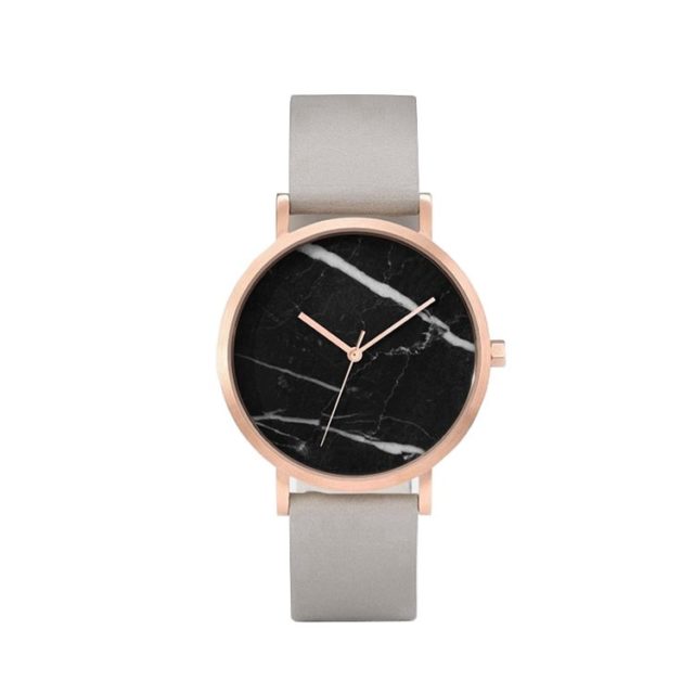 rose gold case grey leahter strap black marble watch