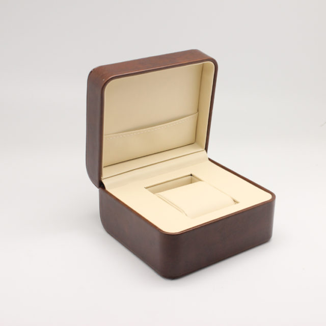 brown leather luxury watch box front view