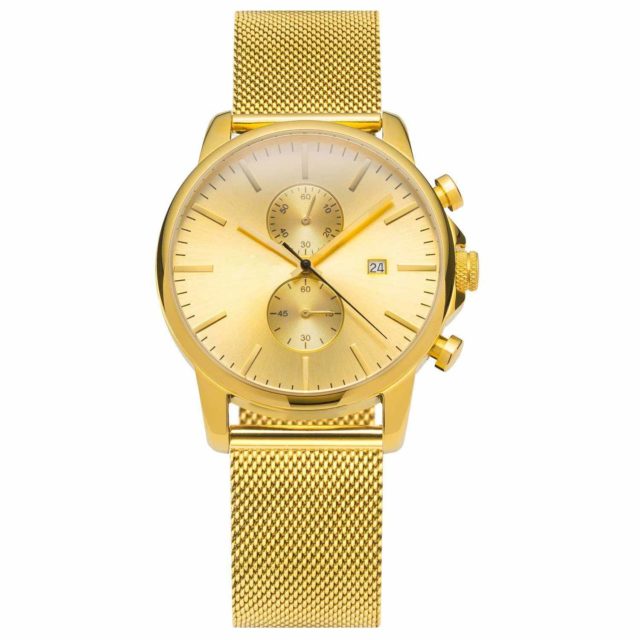 all gold stainless steel mesh strap chronograph black second hands men's watch