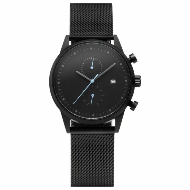 all black stainless steel mesh chronograph blue second hands watch