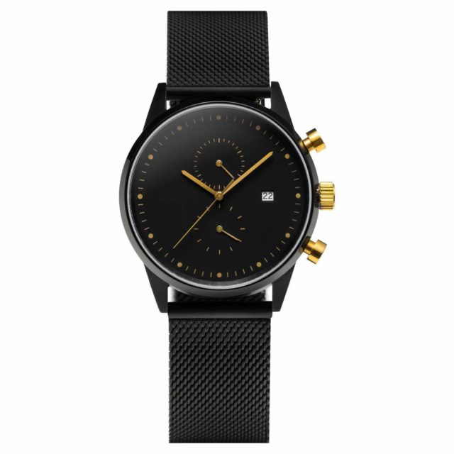 all silver stainless steel mesh chronograph gold hands watch