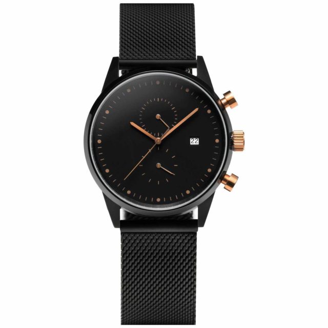all black stainless steel mesh chronograph rosegold hands watch