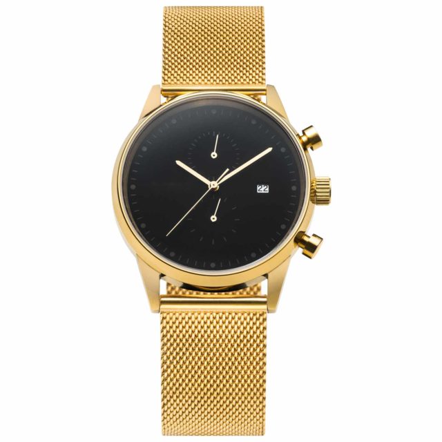 all gold stainless steel mesh chronograph black face watch
