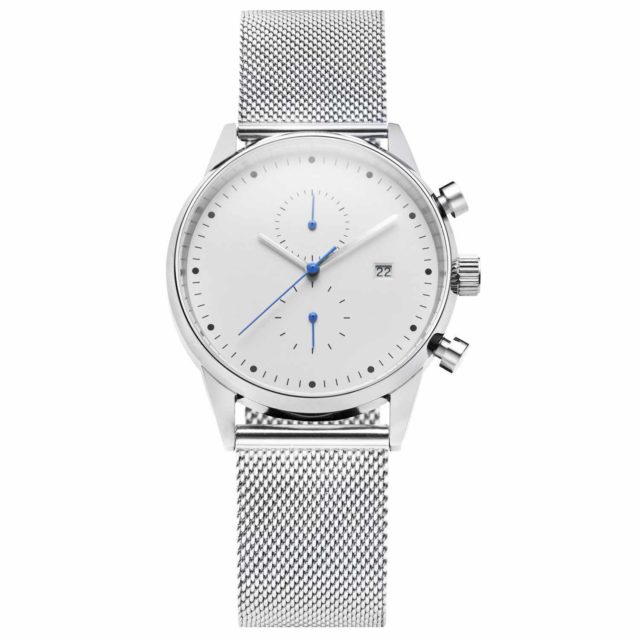 all silver stainless steel mesh chronograph blue hands watch