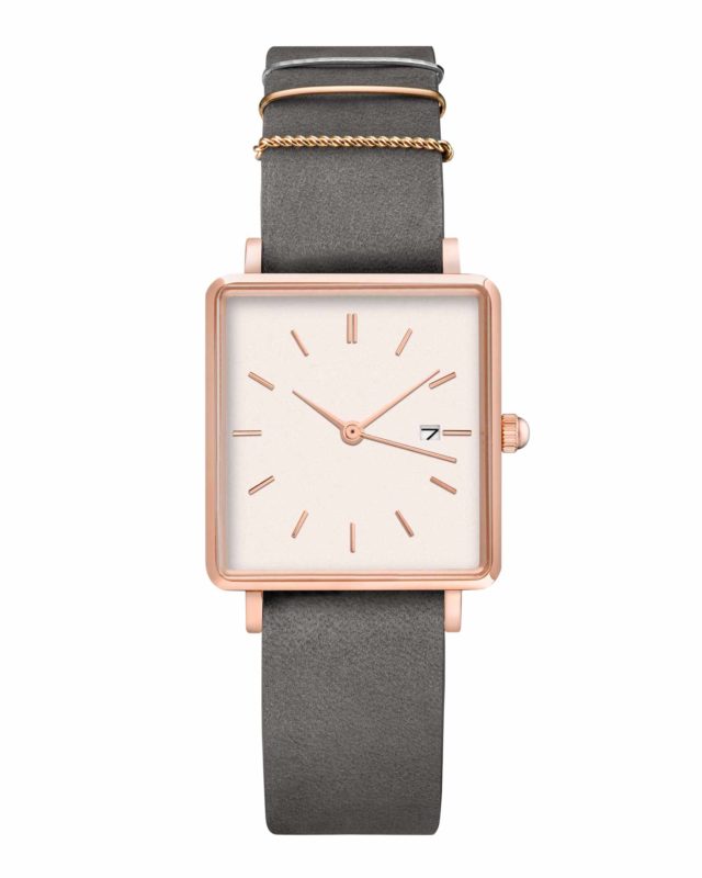 rose gold case grey leather strap square watch