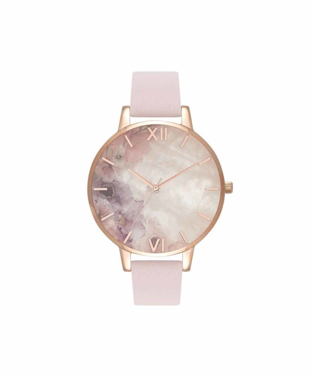rose gold pink leather strap flowers face watch