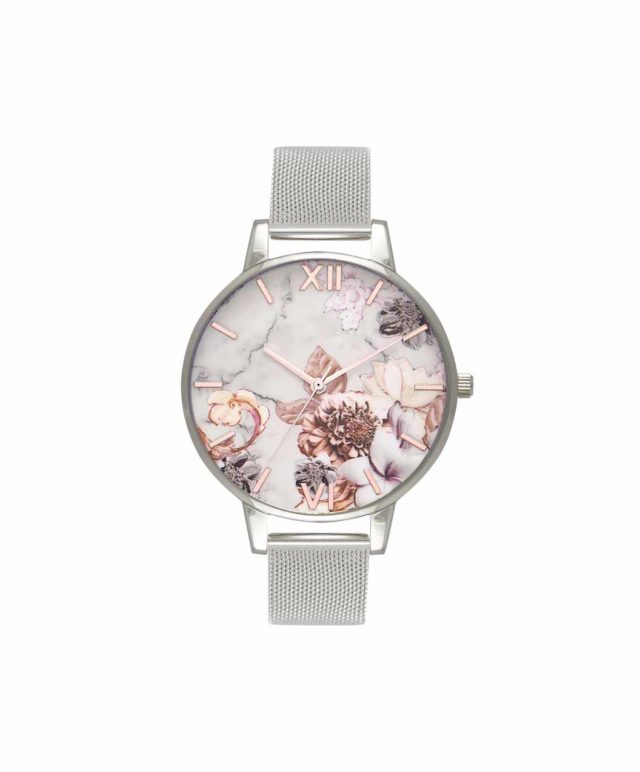 silver case steel mesh strap flowers watch