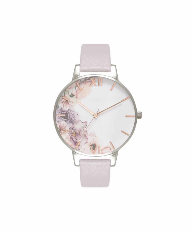 silver case pink leather strap flowers watch